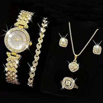 6-piece women's watch set, women's fashionable and casual quartz watch and necklace bracelet ring earring accessory set